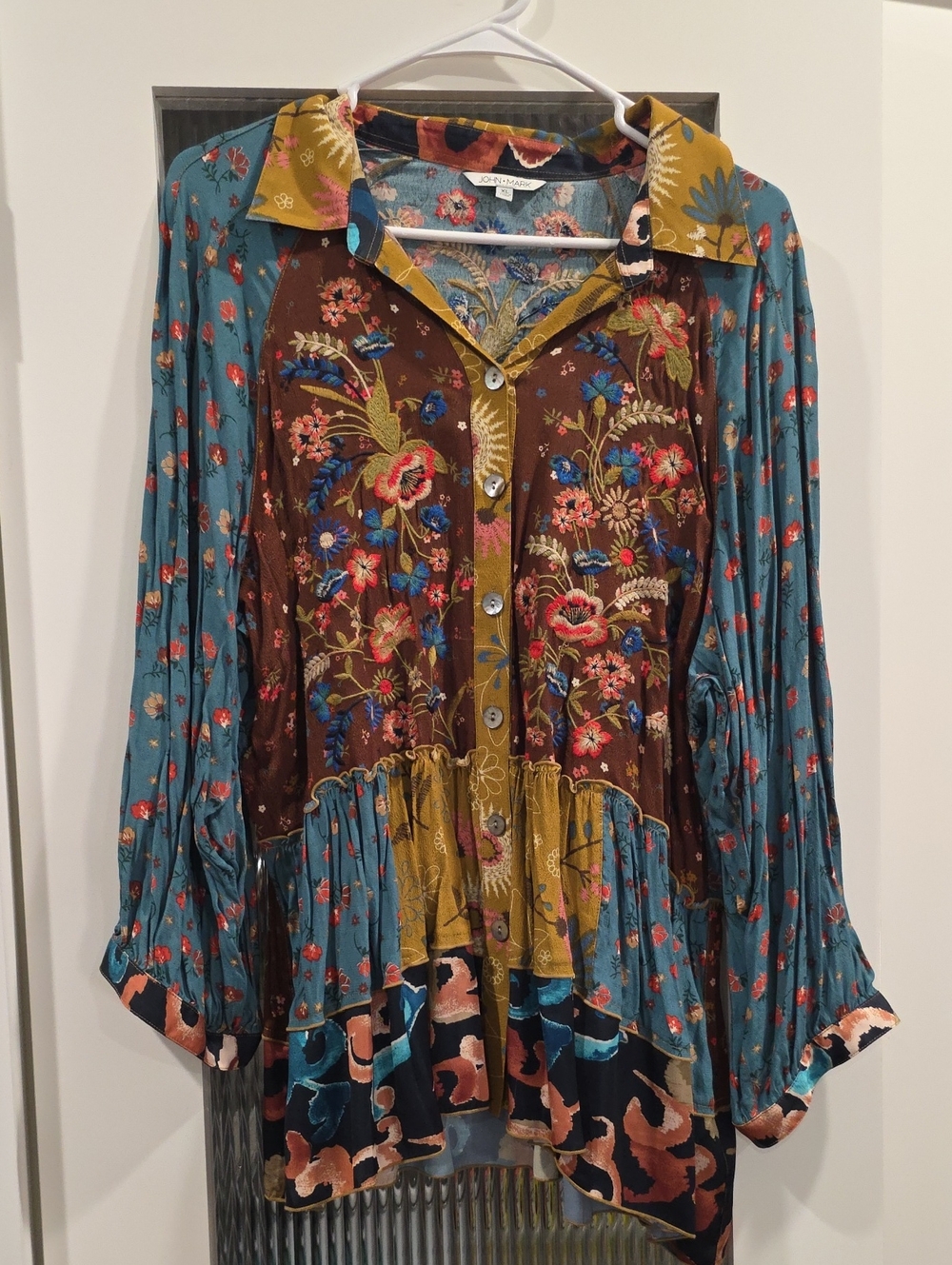 John Mark Multicolor Floral Patchwork Button-Down Top